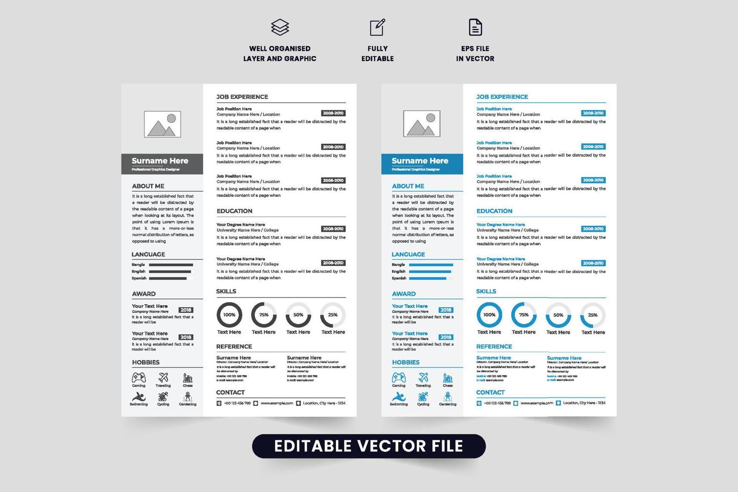 modern jobb Ansökan layout design för officiell praktik. företag anställd återuppta och CV mall vektor med Foto platshållare. minimalistisk CV layout design med mörk och blå färger.