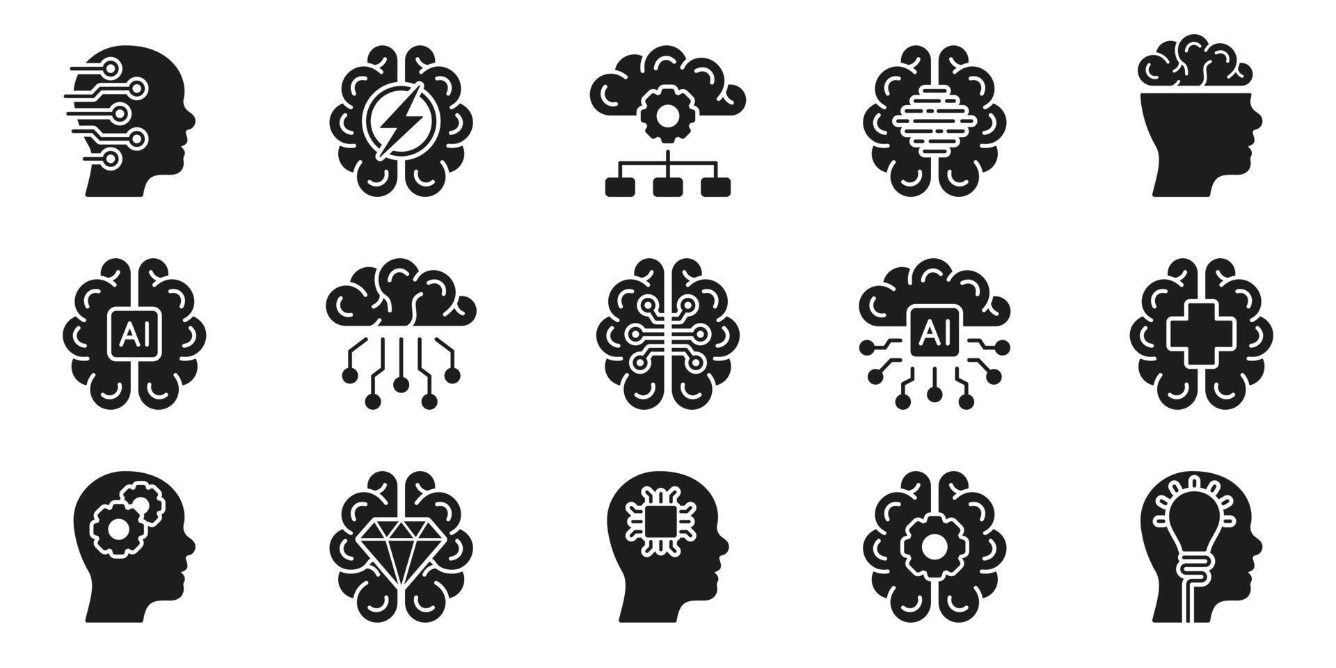 spåna, mänsklig sinne, påfrestning, artificiell intelligens fast symbol samling på vit bakgrund. mänsklig hjärna och ai begrepp svart silhuett ikon uppsättning. isolerat vektor illustration.