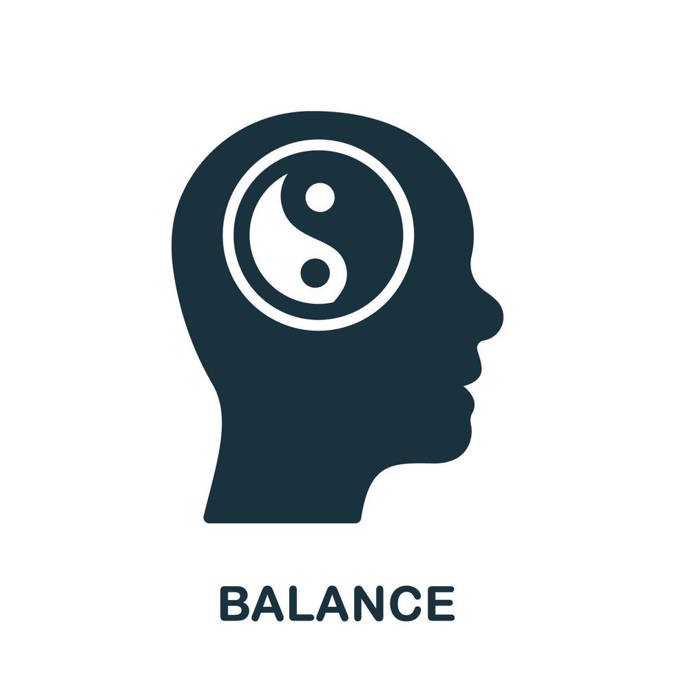 yin yang tecken i mänsklig huvud silhuett ikon. balans, fred, friskvård, harmoni glyf piktogram. meditation för mental balans fast tecken. intellektuell bearbeta symbol. isolerat vektor illustration.