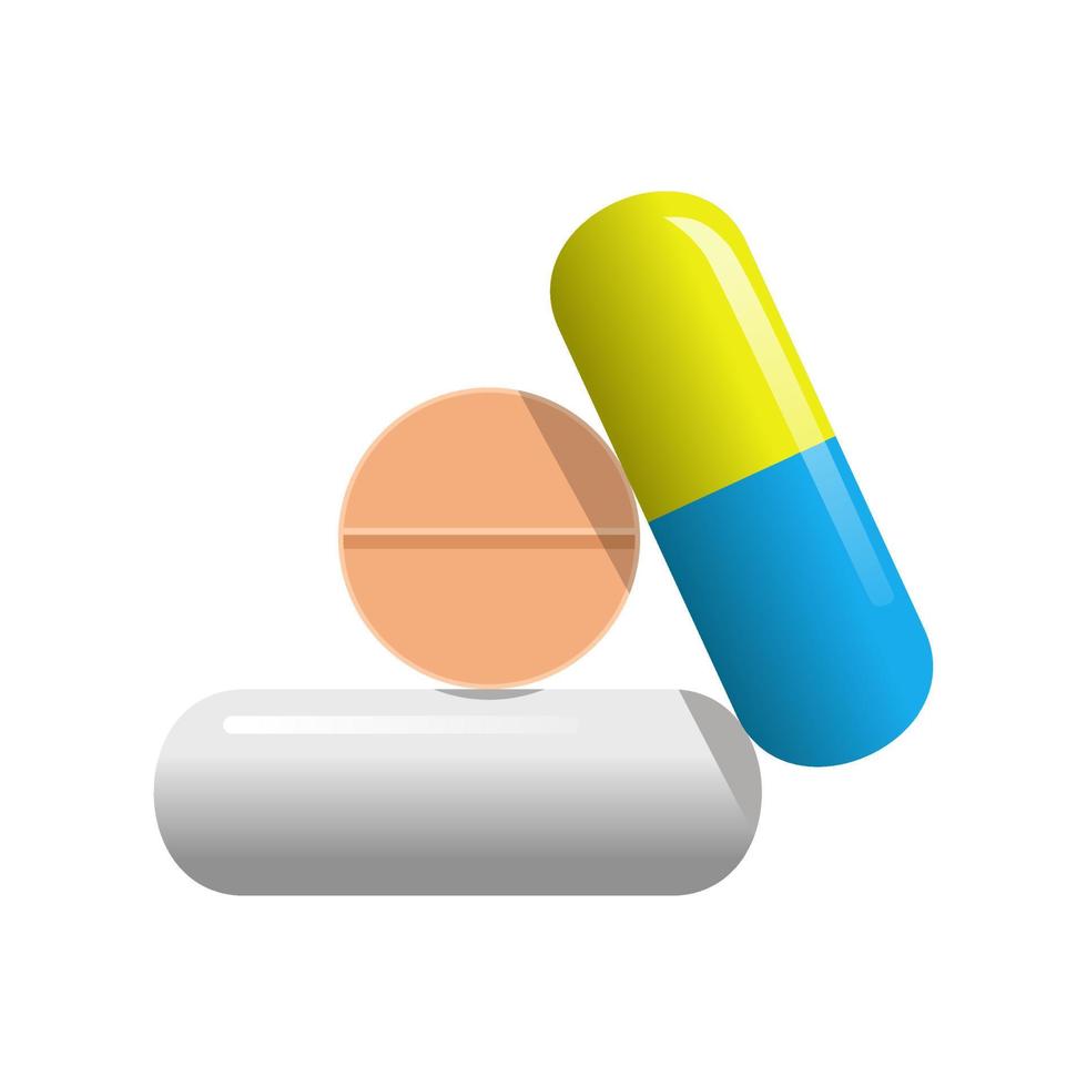Tablets von anders Formen und Farben. Symbole von Pillen, Kapseln isoliert auf Weiß Hintergrund. Vektor Illustration von medizinisch Drogen im Karikatur einfach eben Stil