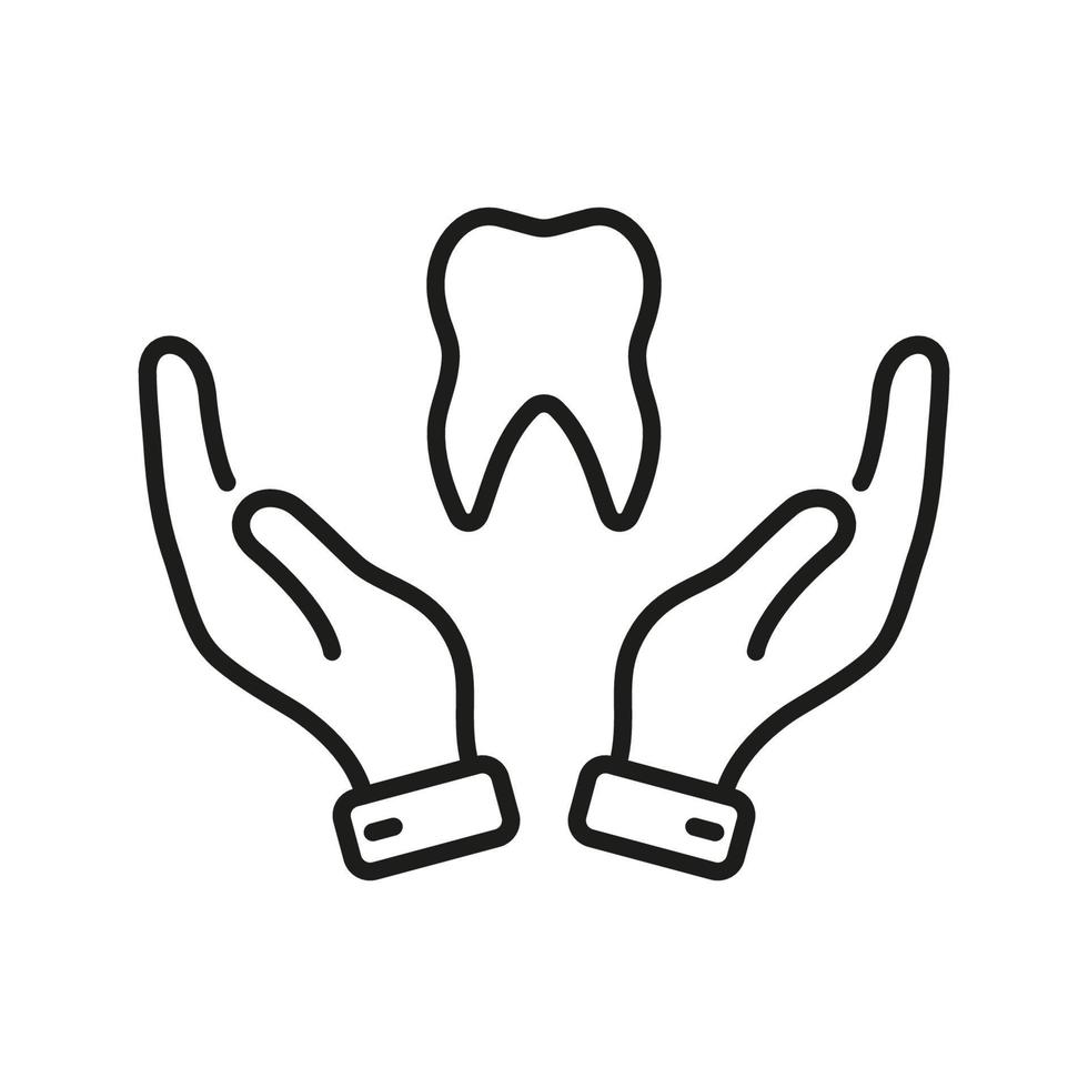 dental vård linje ikon. tandvård översikt symbol. dental behandling. tand och mänsklig hand tandläkare Stöd begrepp. stomatologi skydd linjär piktogram. redigerbar stroke. isolerat vektor illustration.