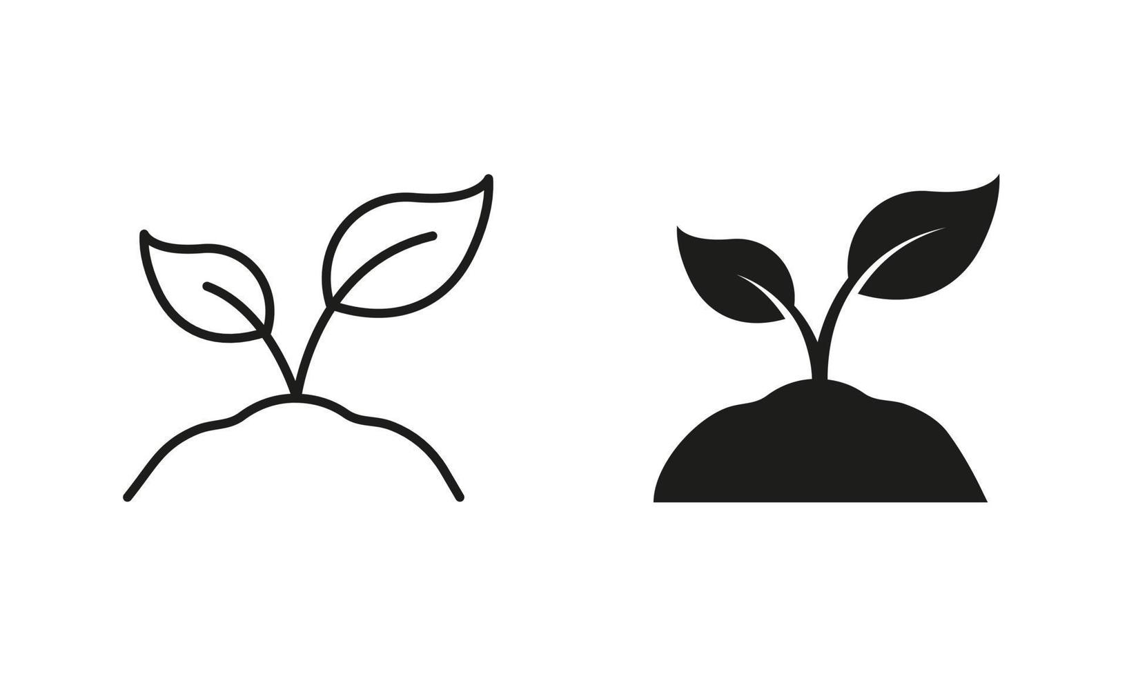eco naturlig utsäde, lantbruk linje och silhuett ikon uppsättning. organisk tillväxt blad på jord. eco vänlig bruka symbol samling. gro av växt i ekologi trädgård. isolerat vektor illustration.