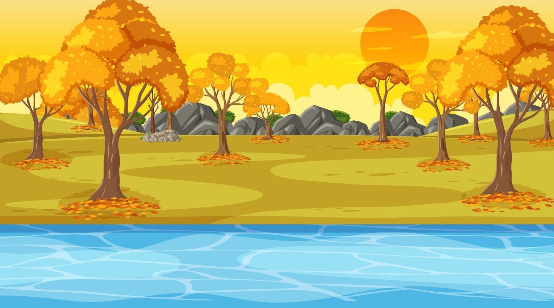 Herbstszene zur Sonnenuntergangszeit mit Herbstwald entlang des Flusses vektor