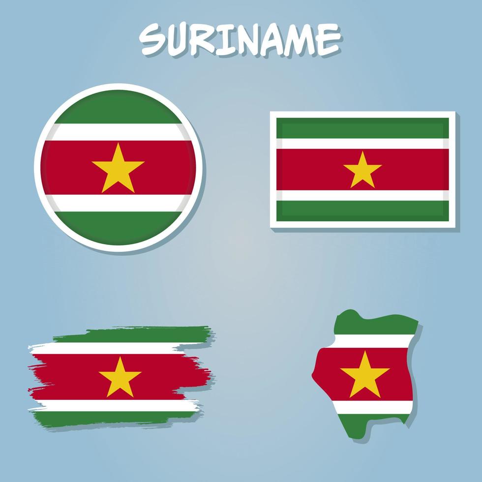 suriname flagga Karta. Karta av de republik av suriname med de surinamiska Land baner. vektor