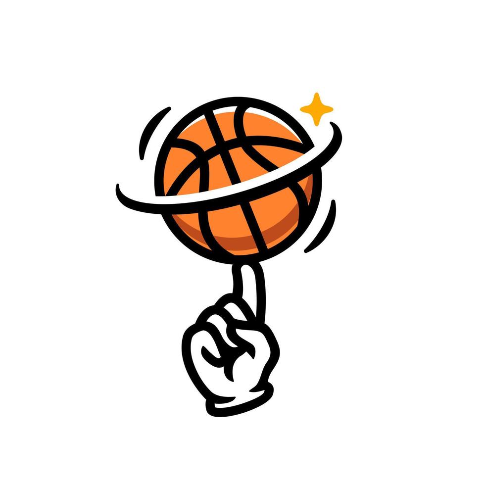 Hand mit Spinnen Basketball Vektor Logo Illustration Symbol. einfach Maskottchen Logo Hand tragen Handschuh mit ein Korb Ball auf Karikatur modern Stil. Basketball Spinnen auf Finger. Sport Konzept