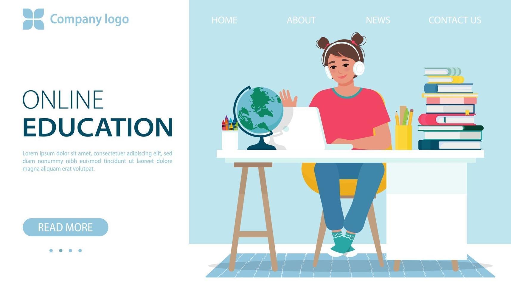 online utbildning banner. flicka i hörlurar har online-lärande vektor