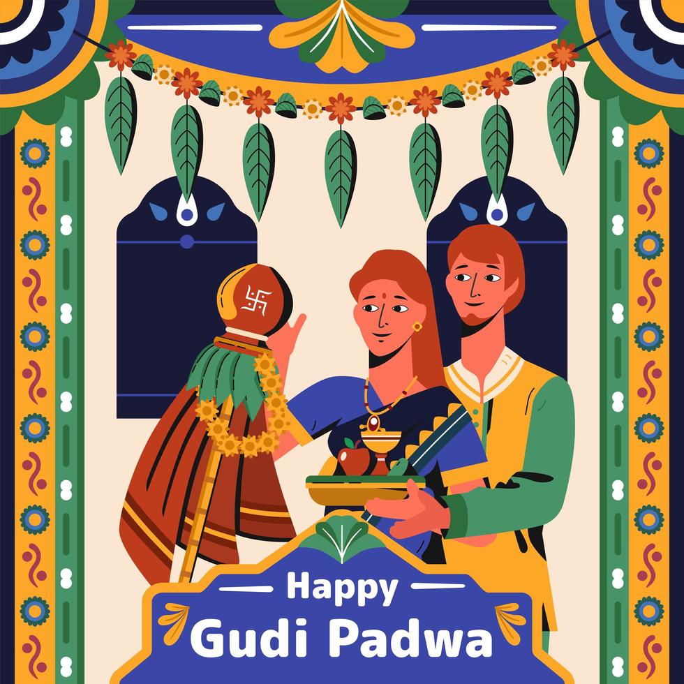 glückliches gudi padwa Paar mit indischem Ornament vektor