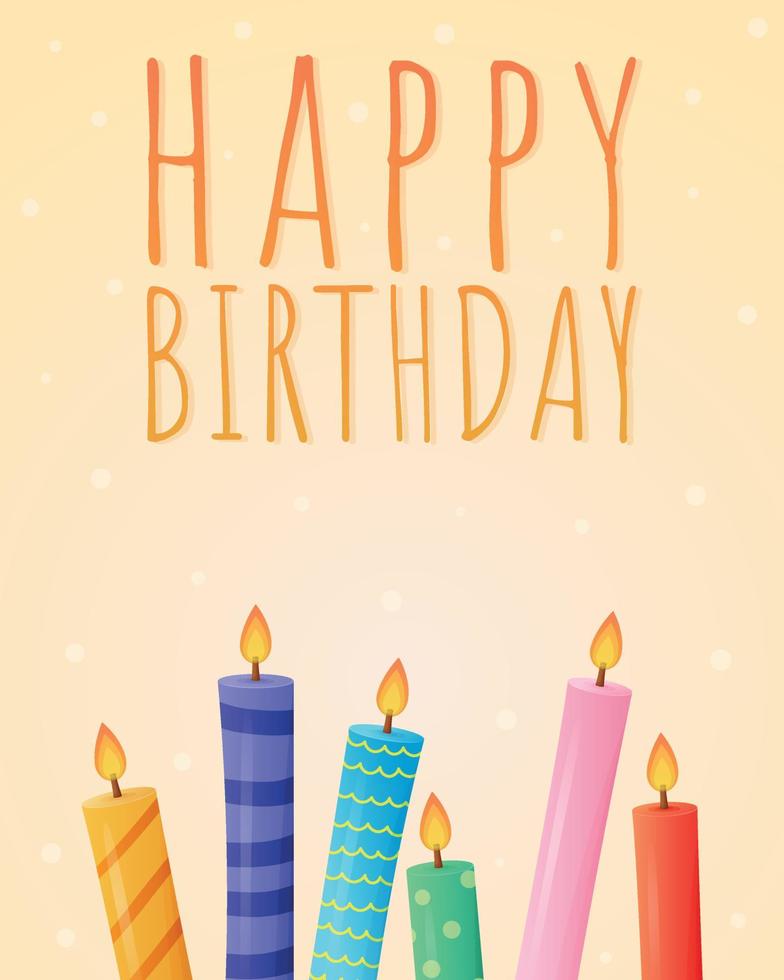 glücklich Geburtstag Karte mit Geschenk mehrfarbig zündete Kerzen. Vektor Karikatur Urlaub Banner.