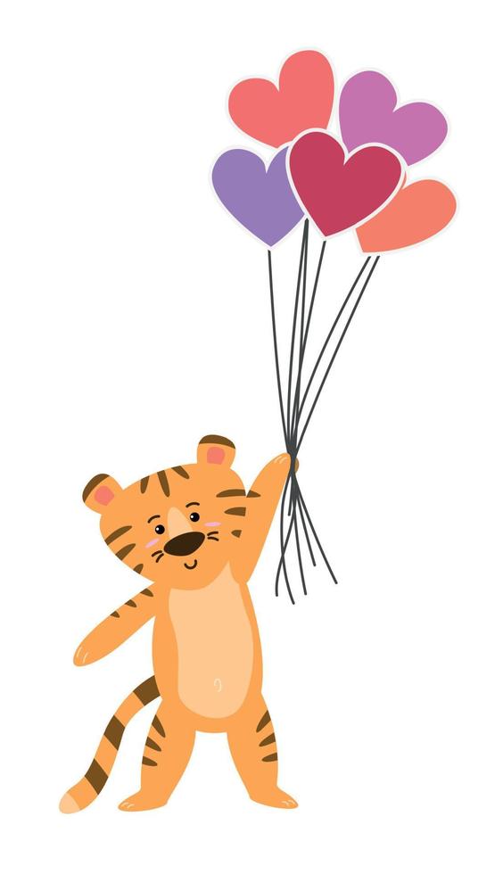 söt tiger karaktär. hjärtans dag, kärlek. tiger med hjärtformade ballonger. vektor illustration