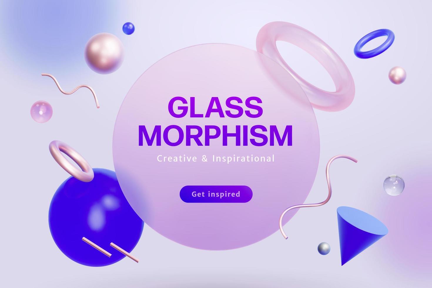 3d kreativ Glasmorphismus Hintergrund Design. Komposition von fliegend Kreis Platte mit Kugel, Kegel Form, Ring und metallisch wellig Stöcke. vektor