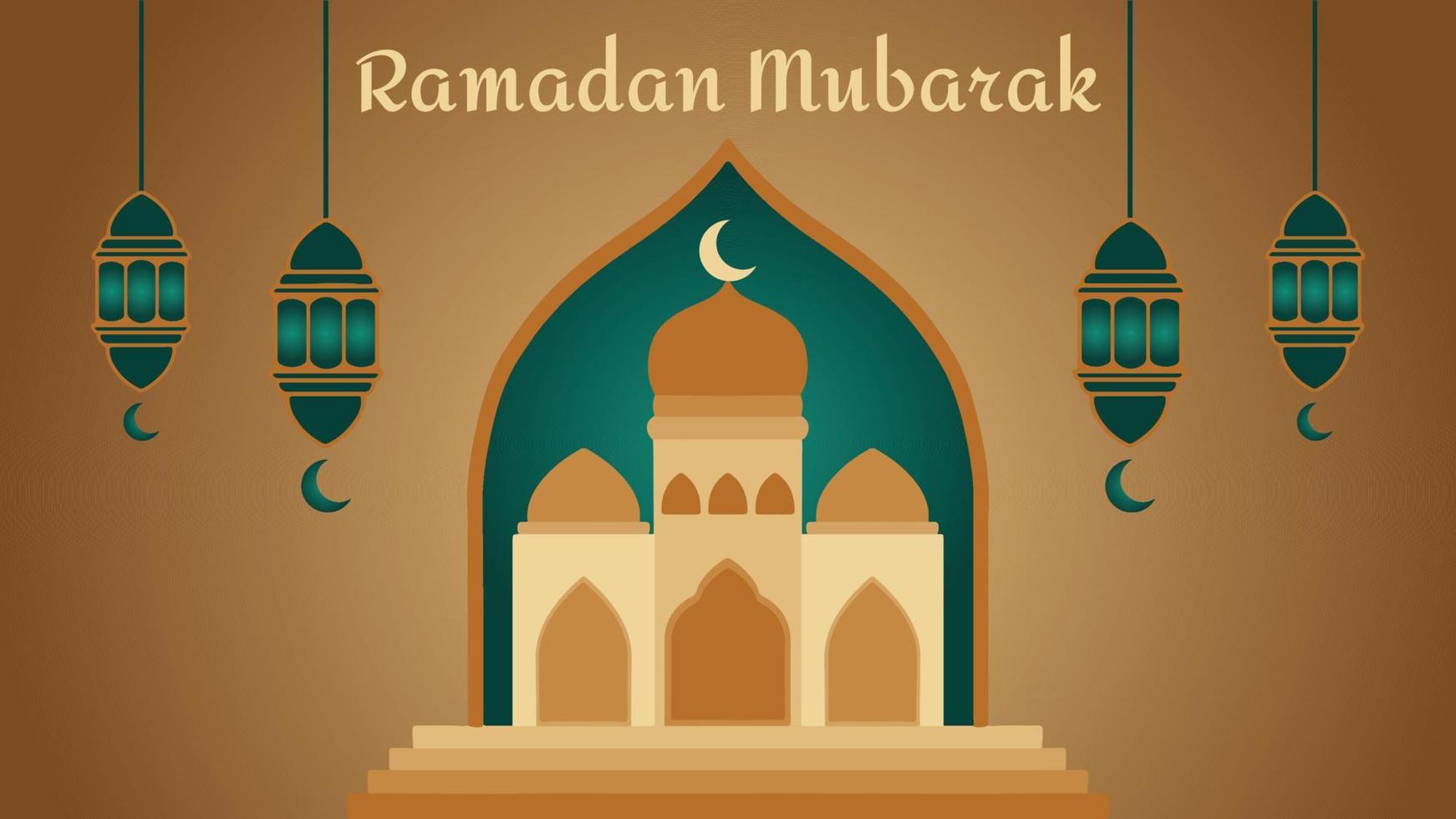 Vektor Ramadan Mubarak mit golden Moschee Hintergrund ist ein schön Vektor Illustration zeigen das golden Moschee Gebäude. Dort sind ebenfalls Laternen welche sind ein Kombination von Gold und Farbe grün.