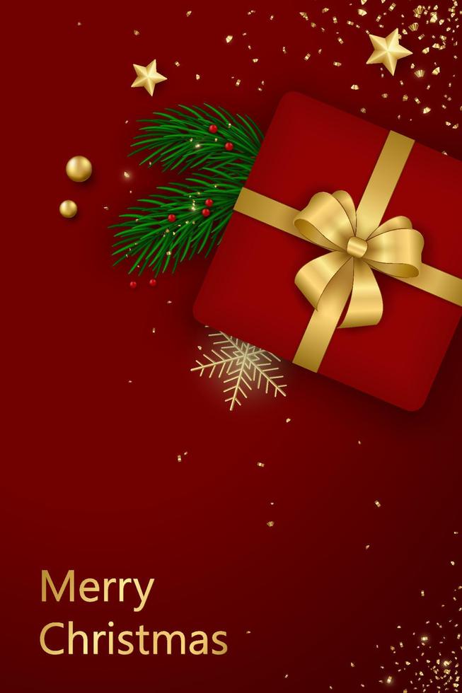 glad jul kort. jul träd grenar, röd gåva låda, guld dekor och konfetti. vektor