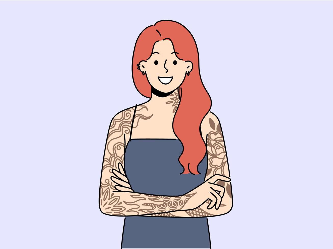 leende rödhårig kvinna med tatueringar på vapen. Lycklig kvinna med tatuerade händer uttrycka personlighet. subkultur och självuttryck. vektor illustration.