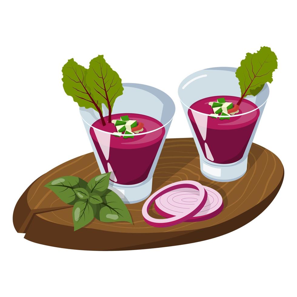 Rote Beete Gazpacho. schön Portion auf ein Tafel mit rot Zwiebel Ringe und ein Zweig von Basilikum. Vektor Illustration auf ein Weiß Hintergrund.