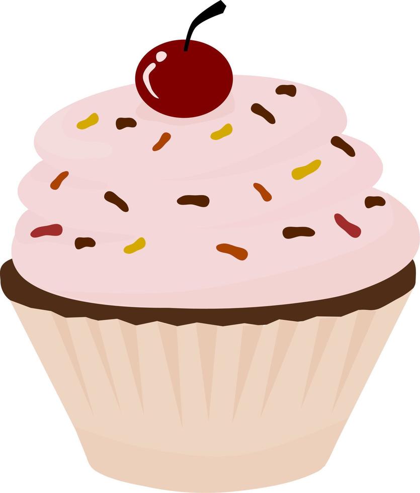 Süss Cupcake mit Sahne und Kirsche. Vektor Illustration.