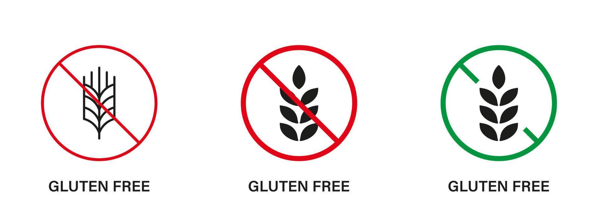 Gluten kostenlos Silhouette und Linie Symbol Satz. Nein Gluten Lebensmittel. allergisch auf Weizen Zeichen Sammlung. Allergie Weizen verboten Symbol. Gluten Ernährung Verbot Logo. organisch Getreide. isoliert Vektor Illustration.