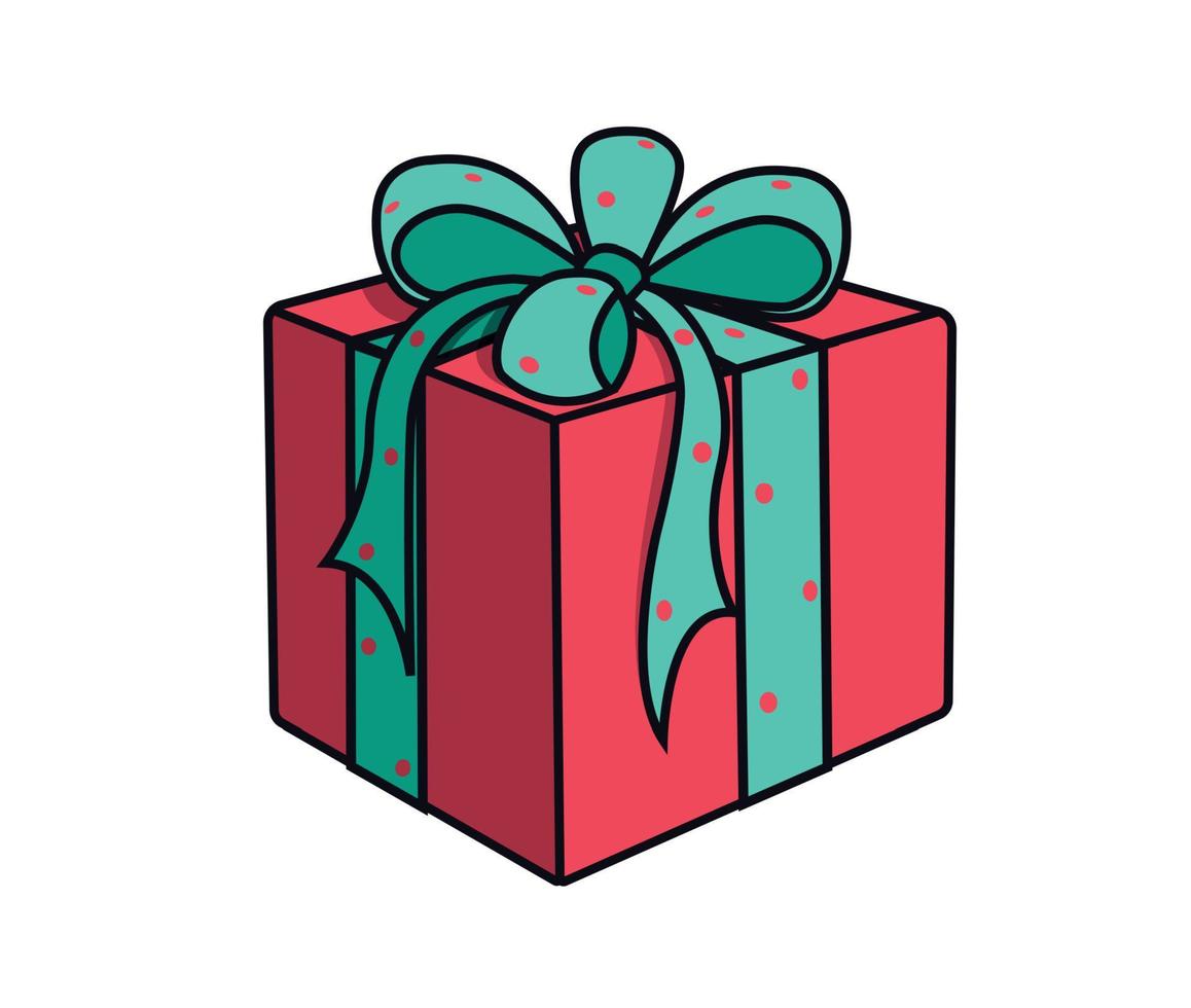 gåva låda. gåva röd låda med grön band och rosett. vektor illustration