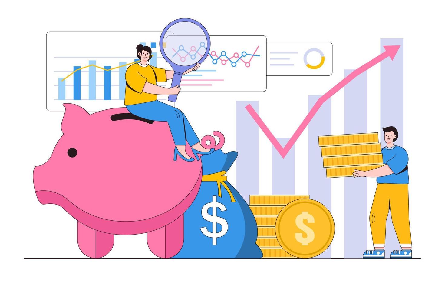 finansiera budget, pengar diagram, vinst analys, företag investering begrepp. människor göra kontanter bank strategi för ekonomi förvaltning. design stil minimal vektor illustration för landning sida