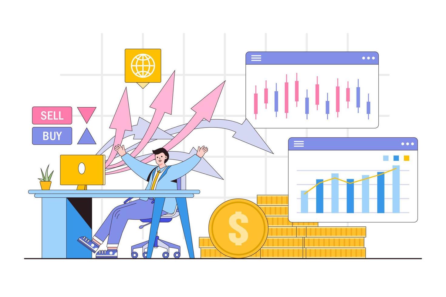 Handel online und machen Geld online Konzept. Menschen besorgen, verkaufen und machen oben das Portfolio Kryptowährung, Bestände und Fesseln zum Devisen. Gliederung Design Stil minimal Vektor Illustration zum Landung Seite