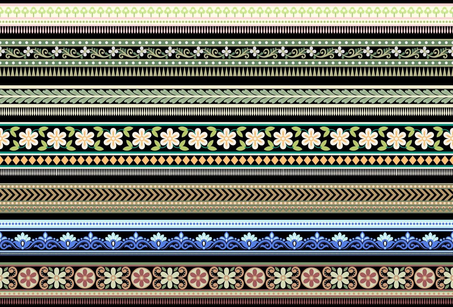 einstellen ethnisch nahtlos Grenzen und Blume Ornament, Motiv zeichnet Arbeiten Illustration Blumen und Ornament Motiv Indien Design Elemente Ausschnitt Muster oder, wiederholen das Blumen- Textur vektor