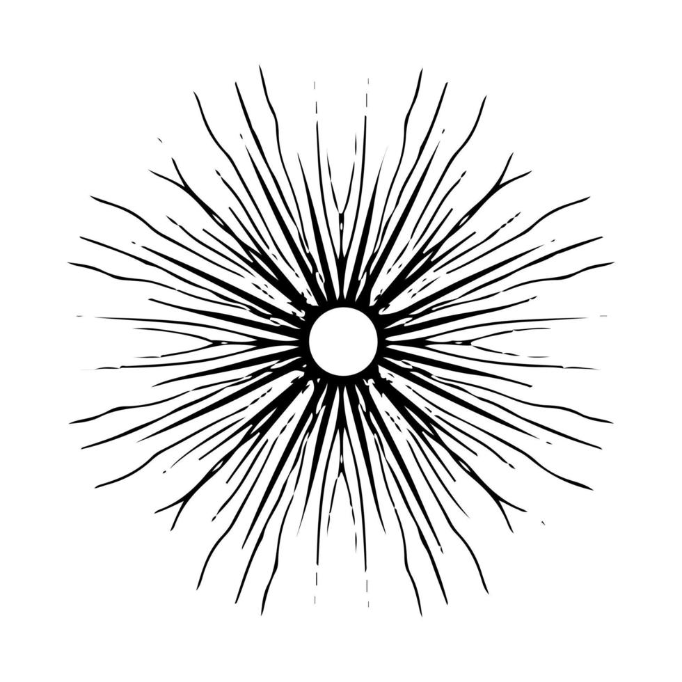 vektor svart Sol i boho stil. abstrakt illustration av de gryning dragen förbi hand med en enda linje. esoterism.