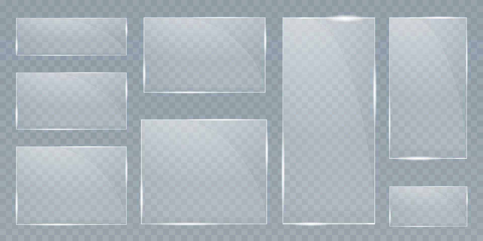 Glas Teller einstellen auf transparent Hintergrund. isoliert Glas und Schatten Sammlung. realistisch klar Blatt. Fenster Vorlage mit aufflackern. Acryl Bildschirm Vorlage. vektor