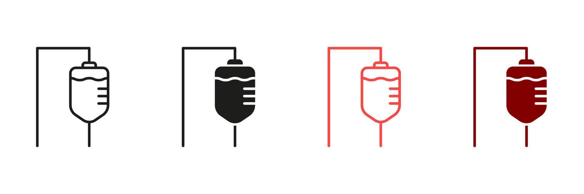 iv droppa linje och silhuett ikon uppsättning. medicin behandling, injektion svart och Färg tecken. infusion medicin hjälpa symbol samling. infusion medicinsk väska piktogram. isolerat vektor illustration.