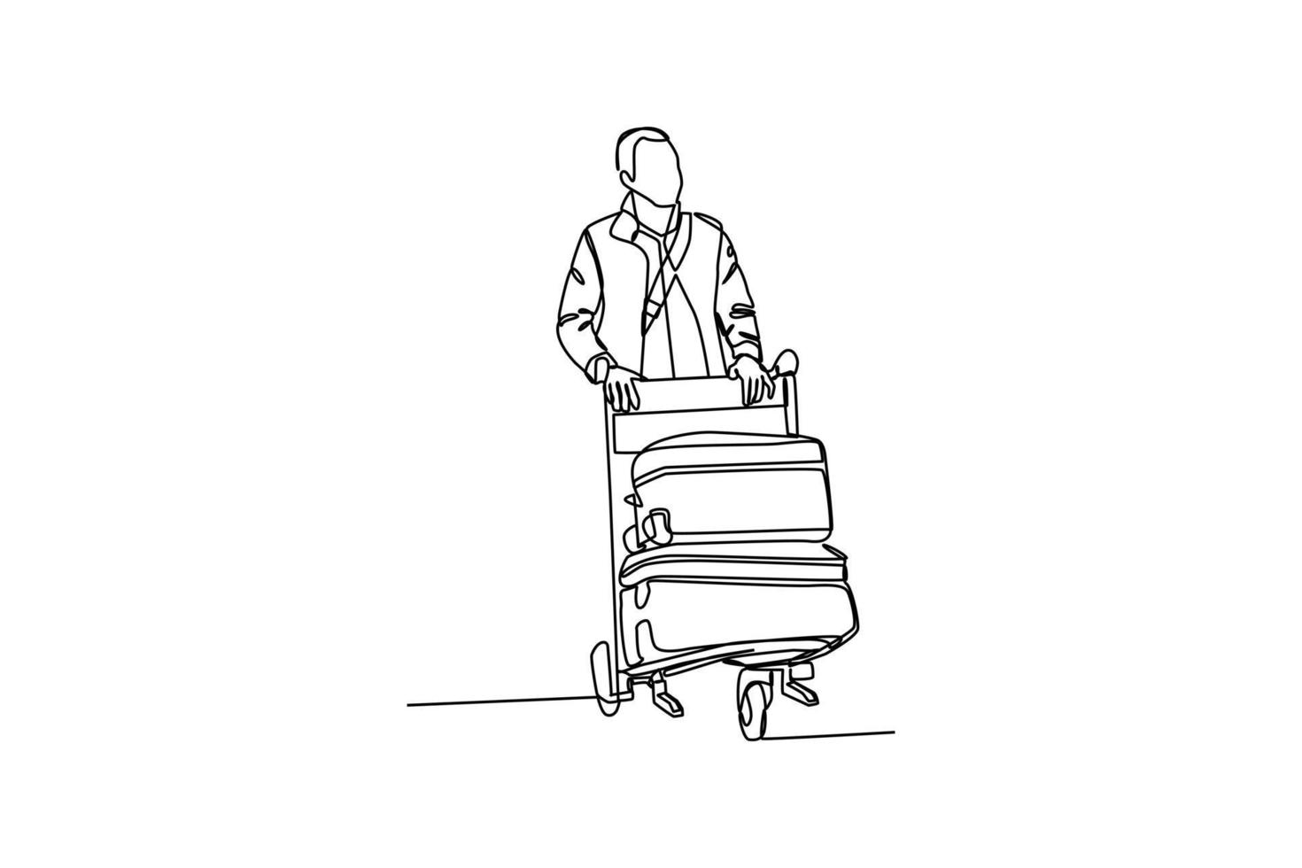 kontinuierlich eine Linie Zeichnung ein Mann Reisen mit zwei groß Koffer. Flughafen Aktivität Konzept. Single Linie Zeichnung Design Grafik Vektor Illustration