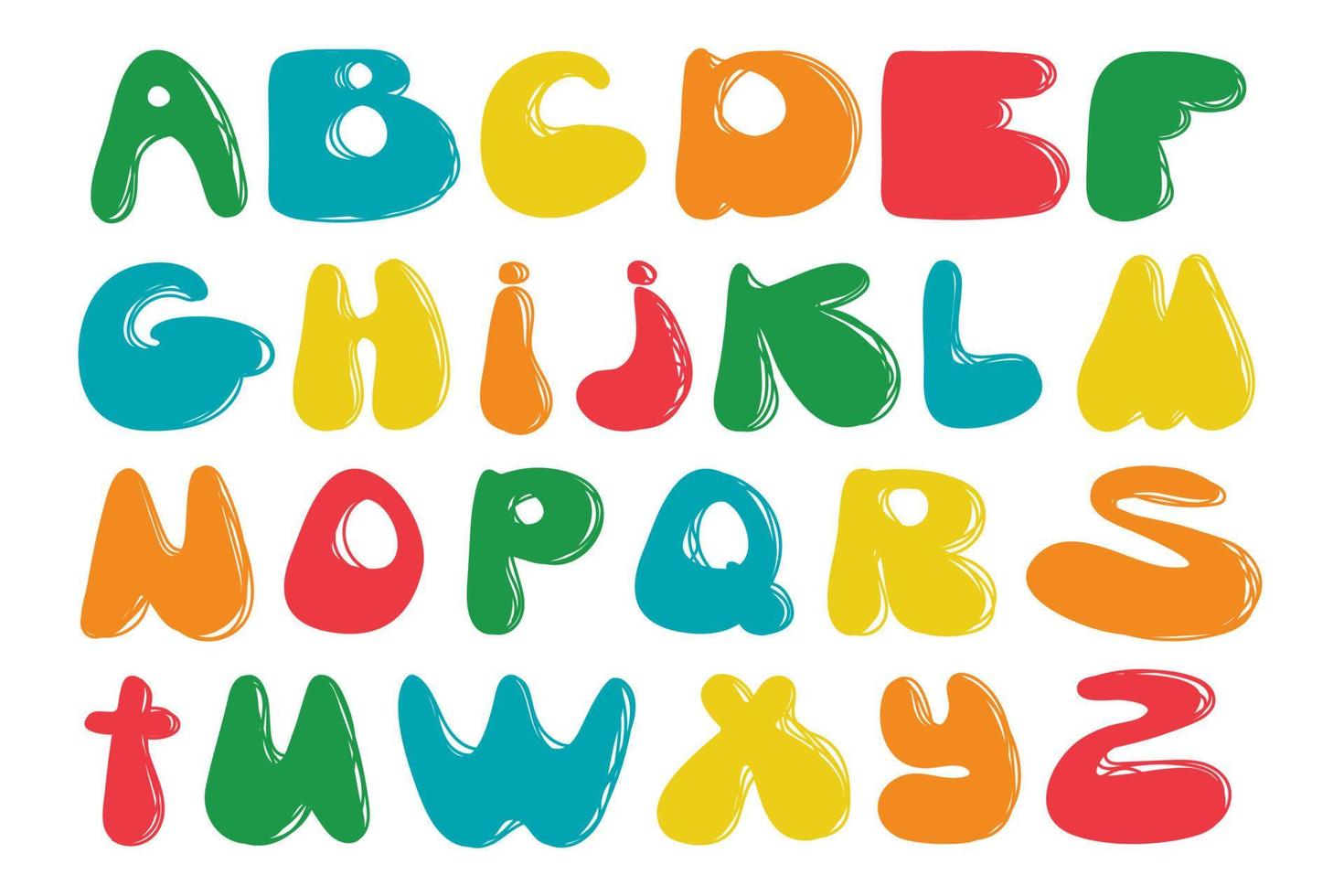 süß Hand gezeichnet Alphabet gemacht im Vektor. Gekritzel Briefe zum Ihre Design. Vektor Karikatur Alphabet. komisch ABC Design zum Buch Abdeckung, Poster, Karte, drucken auf Babys Kleider