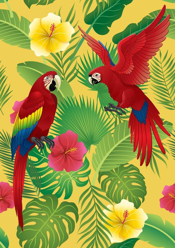 sömlös mönster tropisk design och röd ara fågel vektor