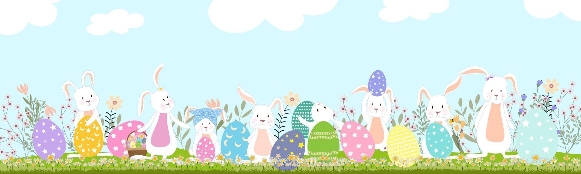 påsk bakgrund, vår fält och blå himmel landskap med kanin jakt påsk ägg, vektor söt tecknad serie kaniner i gräs fält. vår eller sommar tid baner med kopia Plats för påsk hälsning kort