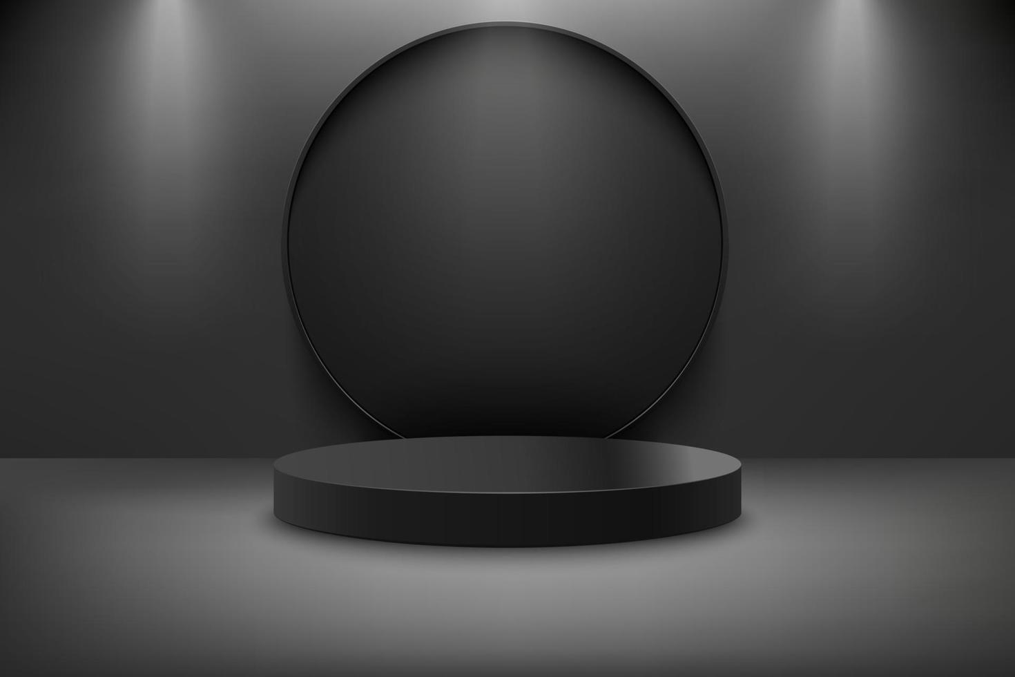 abstrakt 3d realistisch schwarz leeren runden Podium mit runden hinter den Kulissen und Lampe Beleuchtung. minimal Szene zum Produkt Anzeige Präsentation. vergeben Zeremonie Konzept vektor