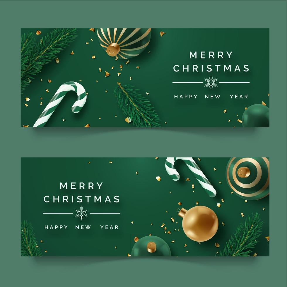 zwei horizontal Weihnachten Banner mit realistisch Dekor. Weihnachten Bälle, Süßigkeiten, Tanne Brunch und Konfetti auf dunkel Grün Hintergrund vektor