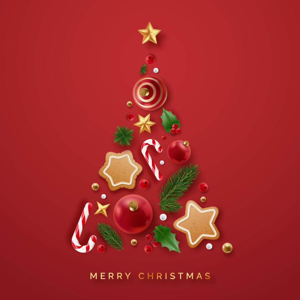 jul träd tillverkad av jul dekor. dekorativ festlig objekt realistisk 3d småkakor, sockerrör godis, järnek bär, stjärnor och jul bollar. xmas och ny år design vektor