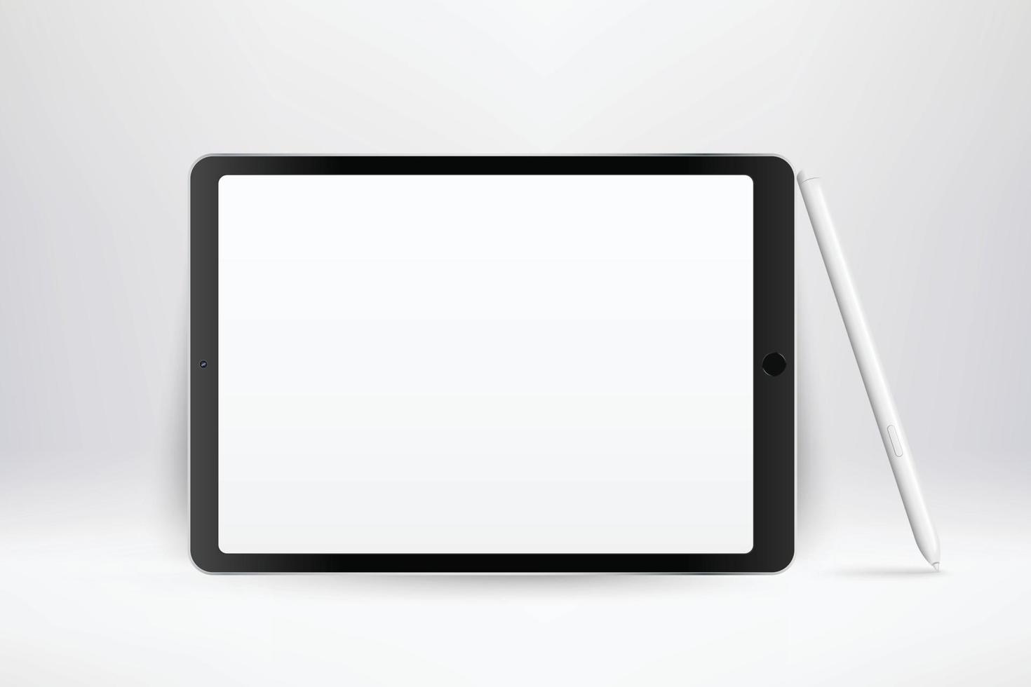 realistisk läsplatta mockup. 3d enhet med penna och tom vit skärm. modern inramade läsplatta mall. illustration av enhet 3d skärm vektor