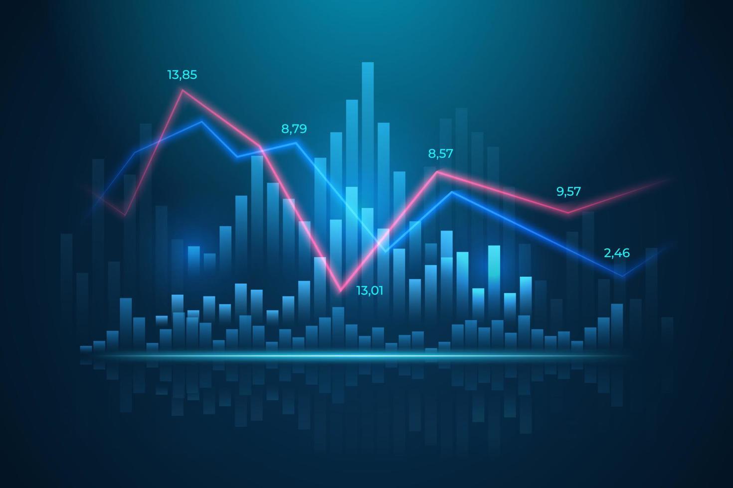glühend Vektor Diagramm von Investition finanziell Daten. Infografik Elemente mit glühend Elemente und Spiegel bewirken