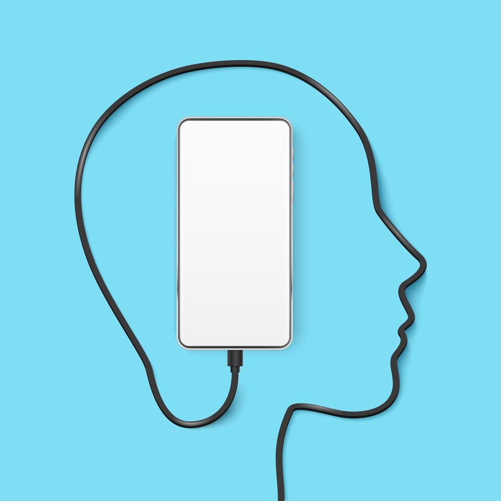 Silhouette von ein Mensch Kopf von ein Kabel mit ein in Verbindung gebracht Handy, Mobiltelefon Telefon. das Konzept von das Einschlag von Technologie auf Menschen vektor