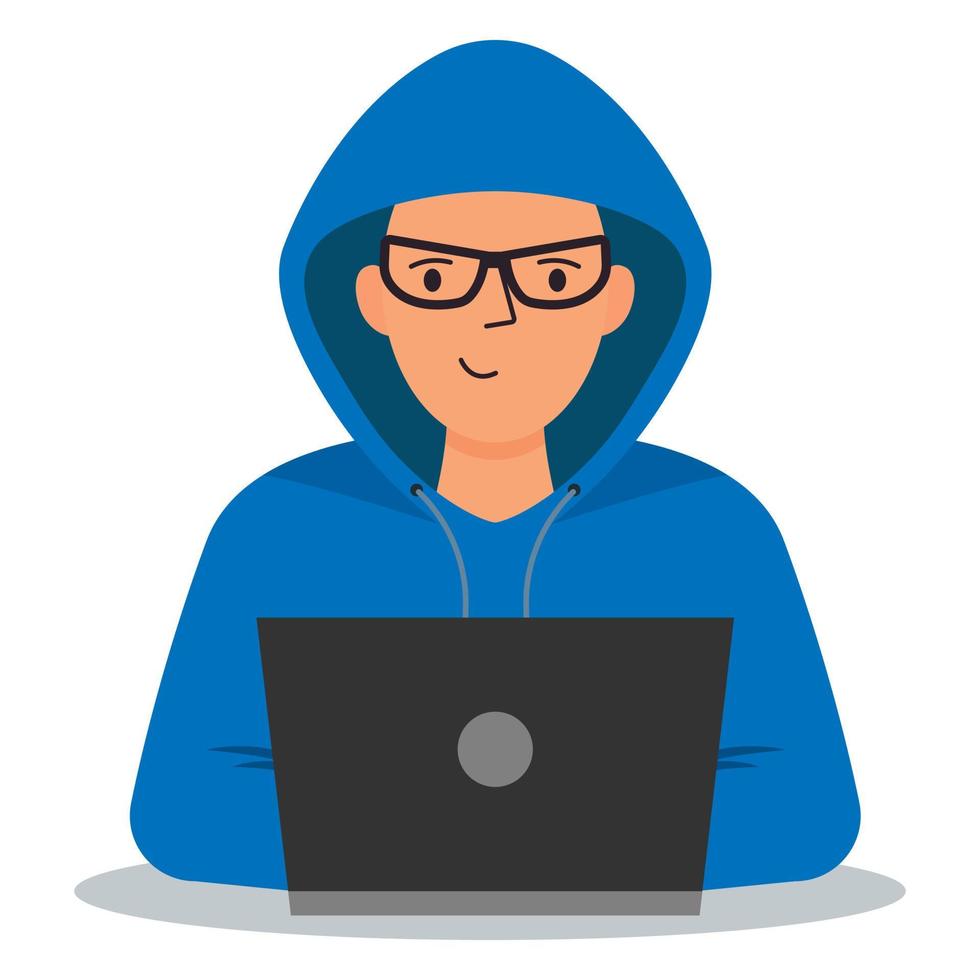 ein Kerl im ein Sweatshirt sitzt mit ein Laptop. Vektor Illustration.