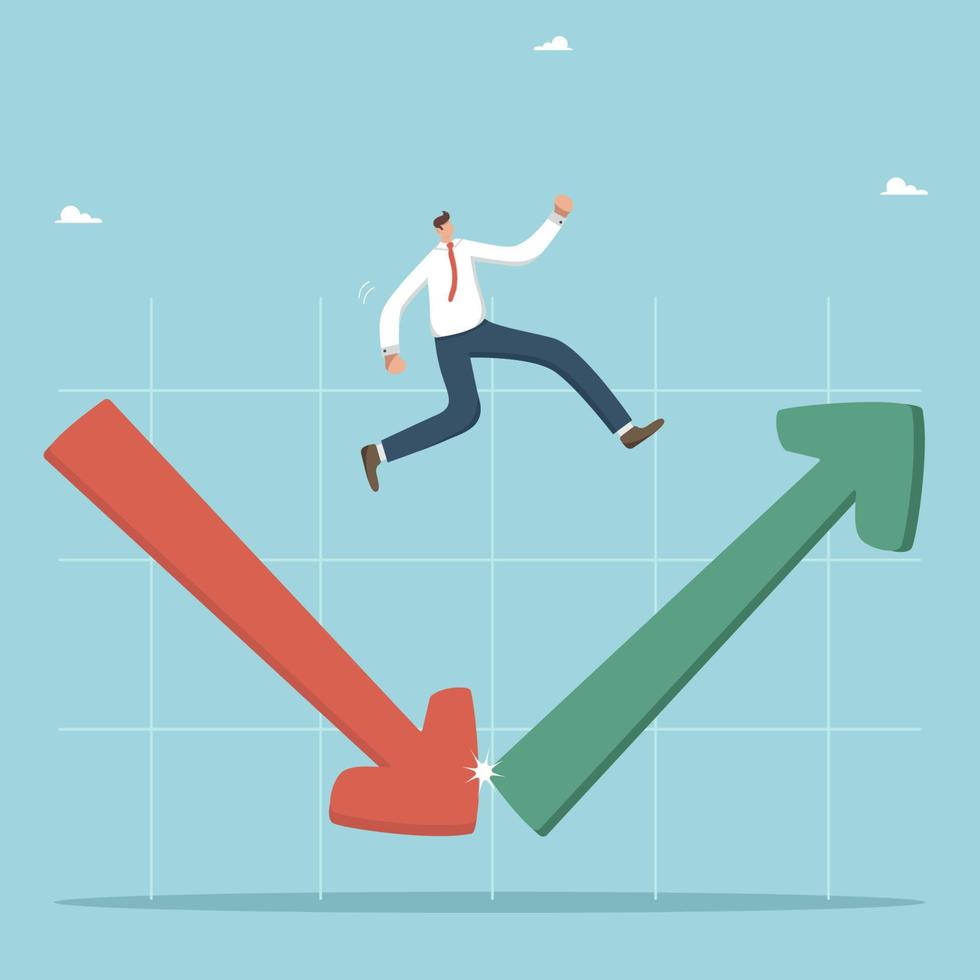 övervinnande de kris och ekonomisk återhämtning, investering tillväxt, nå en ny nivå av företag, sökande för en strategi eller företag utveckling planen. en affärsman hoppar på de pilar på de Diagram. vektor
