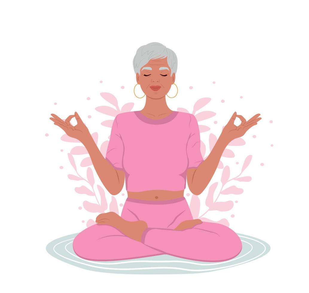 äldre kvinna med stängd ögon mediterar i yoga lotus hållning. påfrestning medvetenhet månad. de begrepp av zen och harmoni. mental hälsa medvetenhet månad vektor