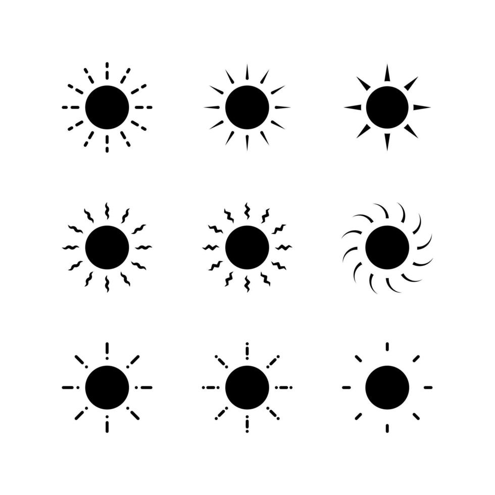 uppsättning av Sol ikoner vektor för logotyp och ljusstyrka symbol med glyf eller svart fast stil