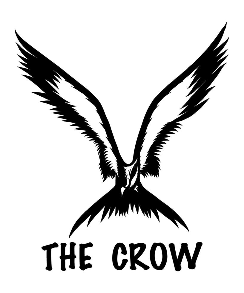 en svartvit silhuett vektorillustration av en kråka under flygning, perfekt som en logotyp eller t-shirt eller tatuering. vektor
