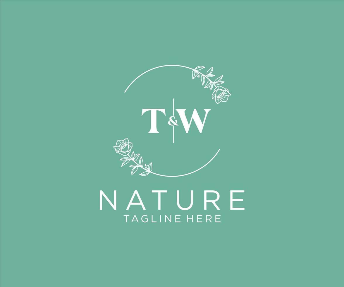 första tw brev botanisk feminin logotyp mall blommig, redigerbar förhandsgjord monoline logotyp lämplig, lyx feminin bröllop varumärke, företags. vektor
