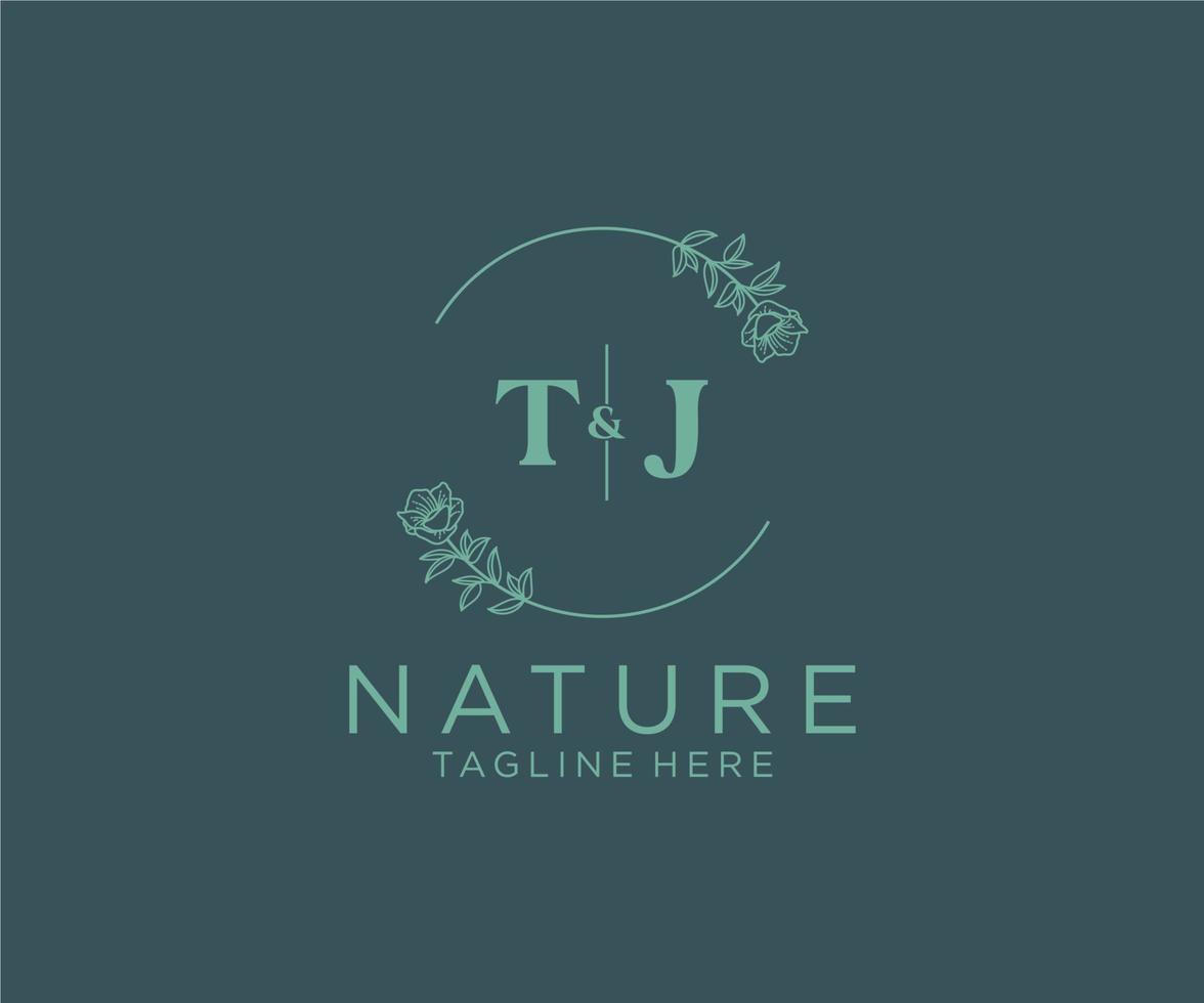 första tj brev botanisk feminin logotyp mall blommig, redigerbar förhandsgjord monoline logotyp lämplig, lyx feminin bröllop varumärke, företags. vektor