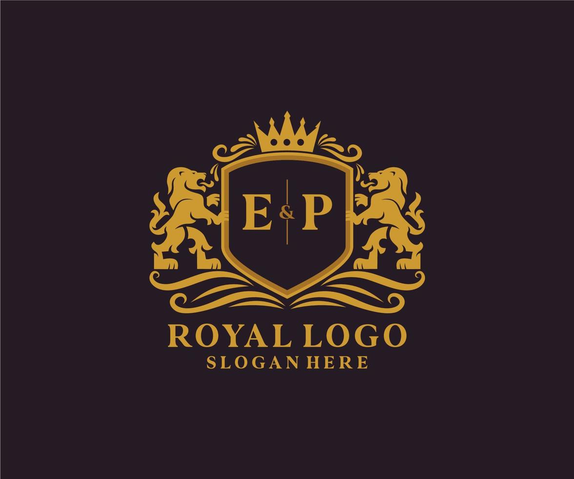 första ep brev lejon kunglig lyx logotyp mall i vektor konst för restaurang, kungligheter, boutique, Kafé, hotell, heraldisk, Smycken, mode och Övrig vektor illustration.