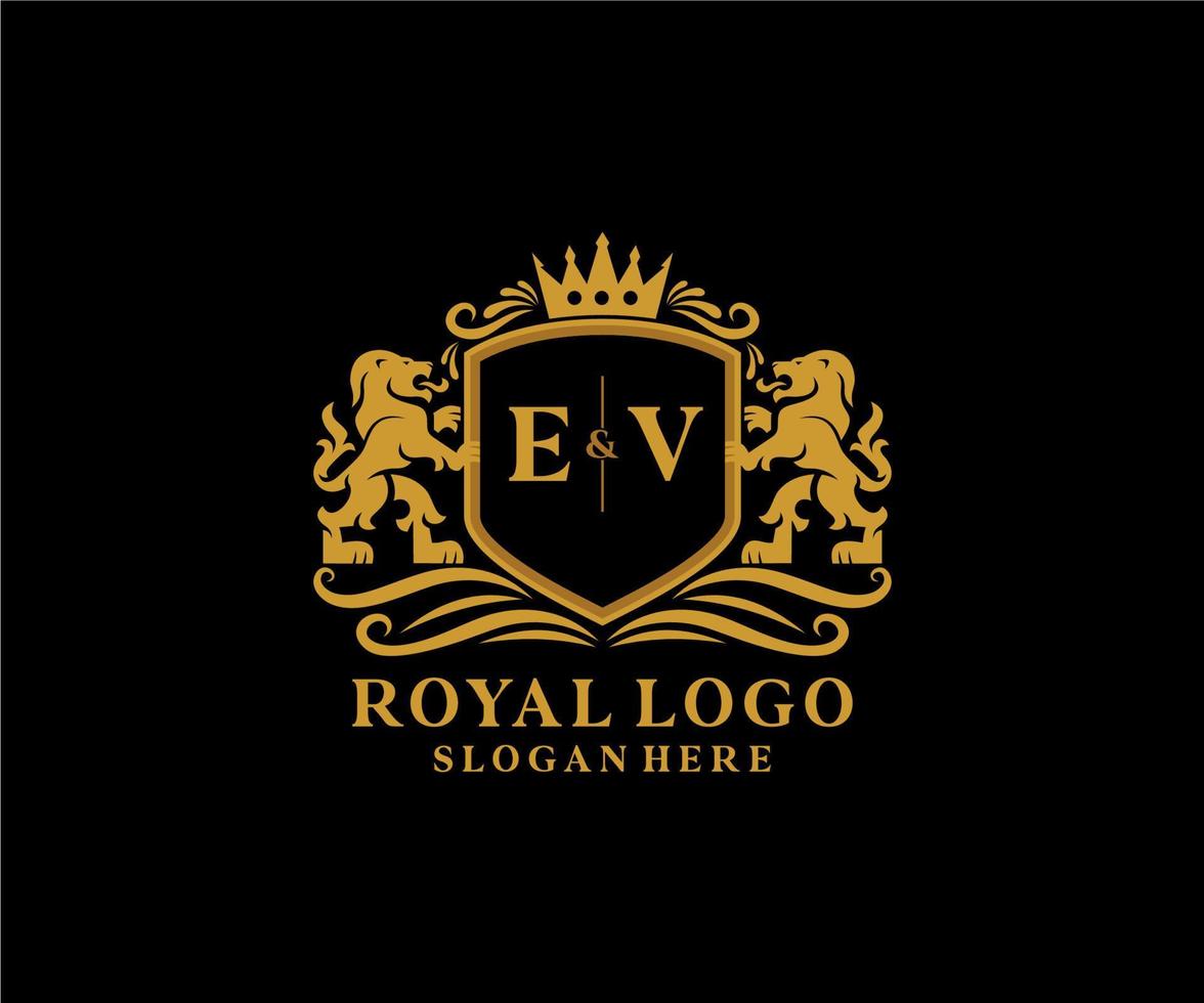 första ev brev lejon kunglig lyx logotyp mall i vektor konst för restaurang, kungligheter, boutique, Kafé, hotell, heraldisk, Smycken, mode och Övrig vektor illustration.