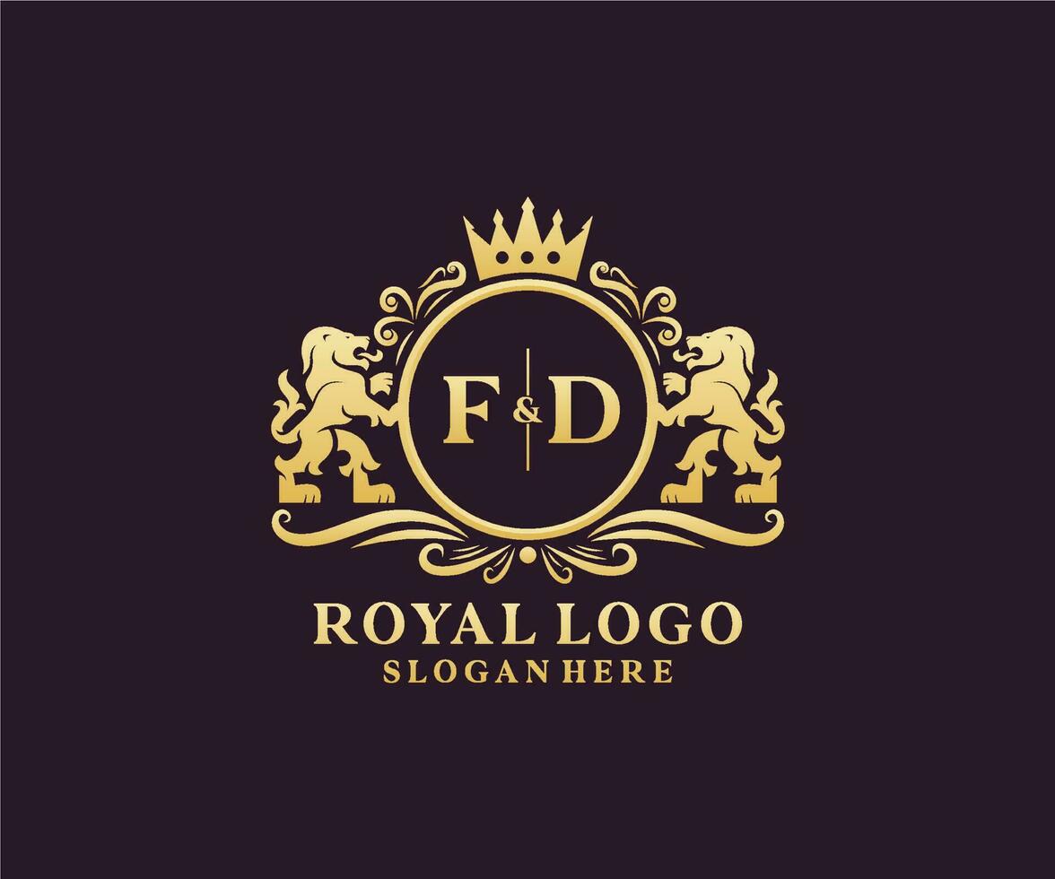 första fd brev lejon kunglig lyx logotyp mall i vektor konst för restaurang, kungligheter, boutique, Kafé, hotell, heraldisk, Smycken, mode och Övrig vektor illustration.