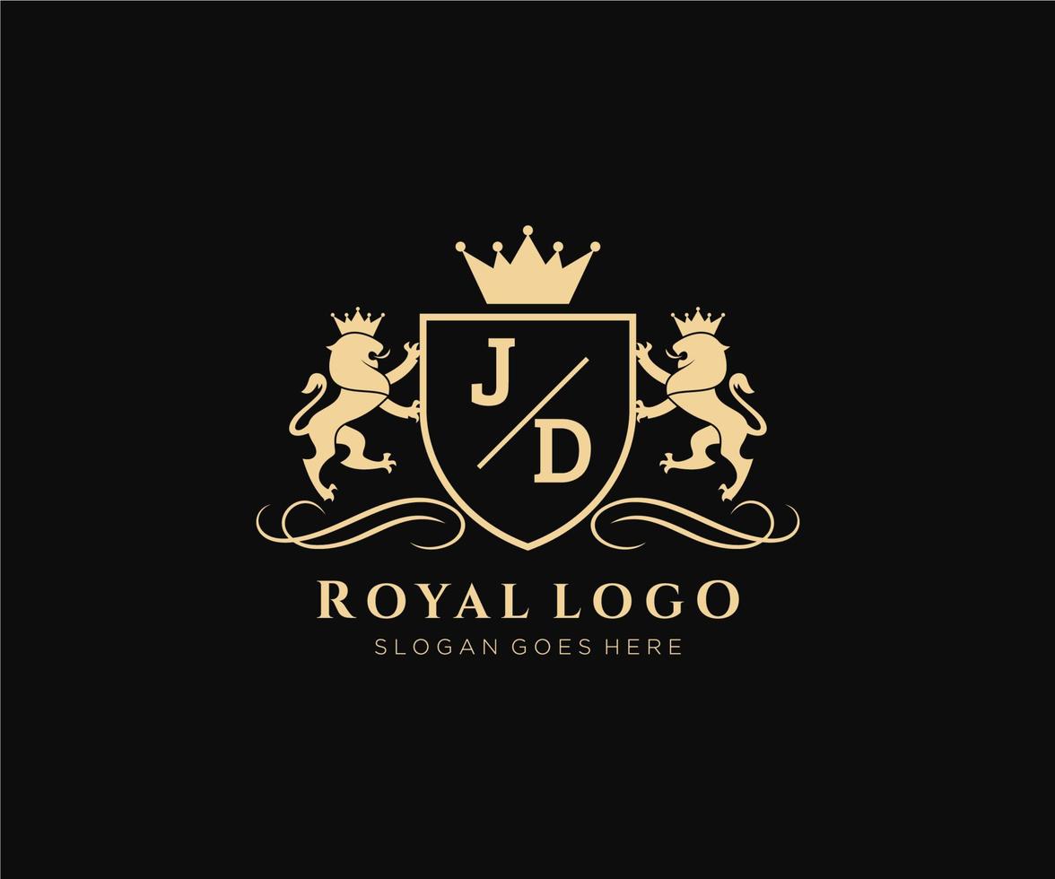 första jd brev lejon kunglig lyx heraldisk, vapen logotyp mall i vektor konst för restaurang, kungligheter, boutique, Kafé, hotell, heraldisk, Smycken, mode och Övrig vektor illustration.