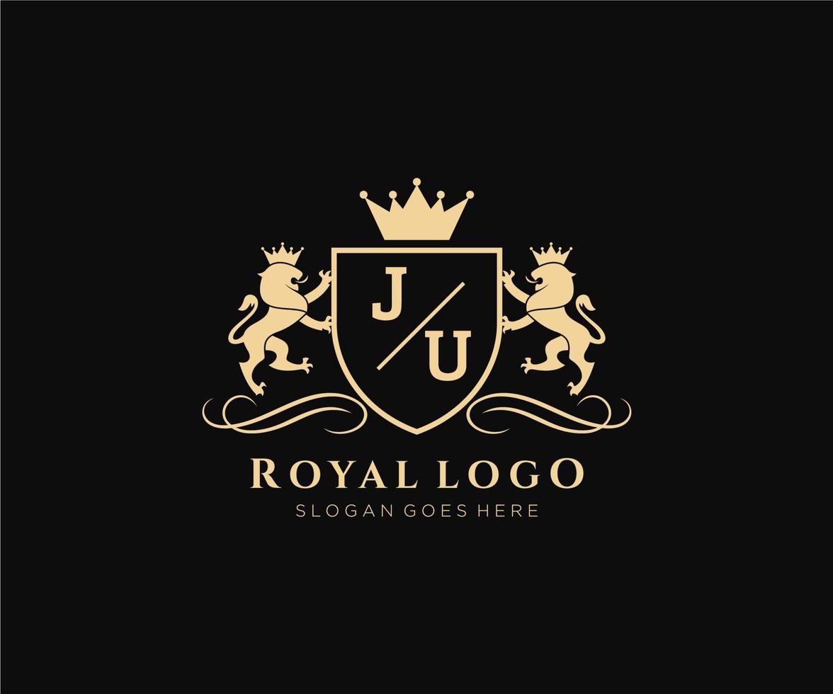 första ju brev lejon kunglig lyx heraldisk, vapen logotyp mall i vektor konst för restaurang, kungligheter, boutique, Kafé, hotell, heraldisk, Smycken, mode och Övrig vektor illustration.