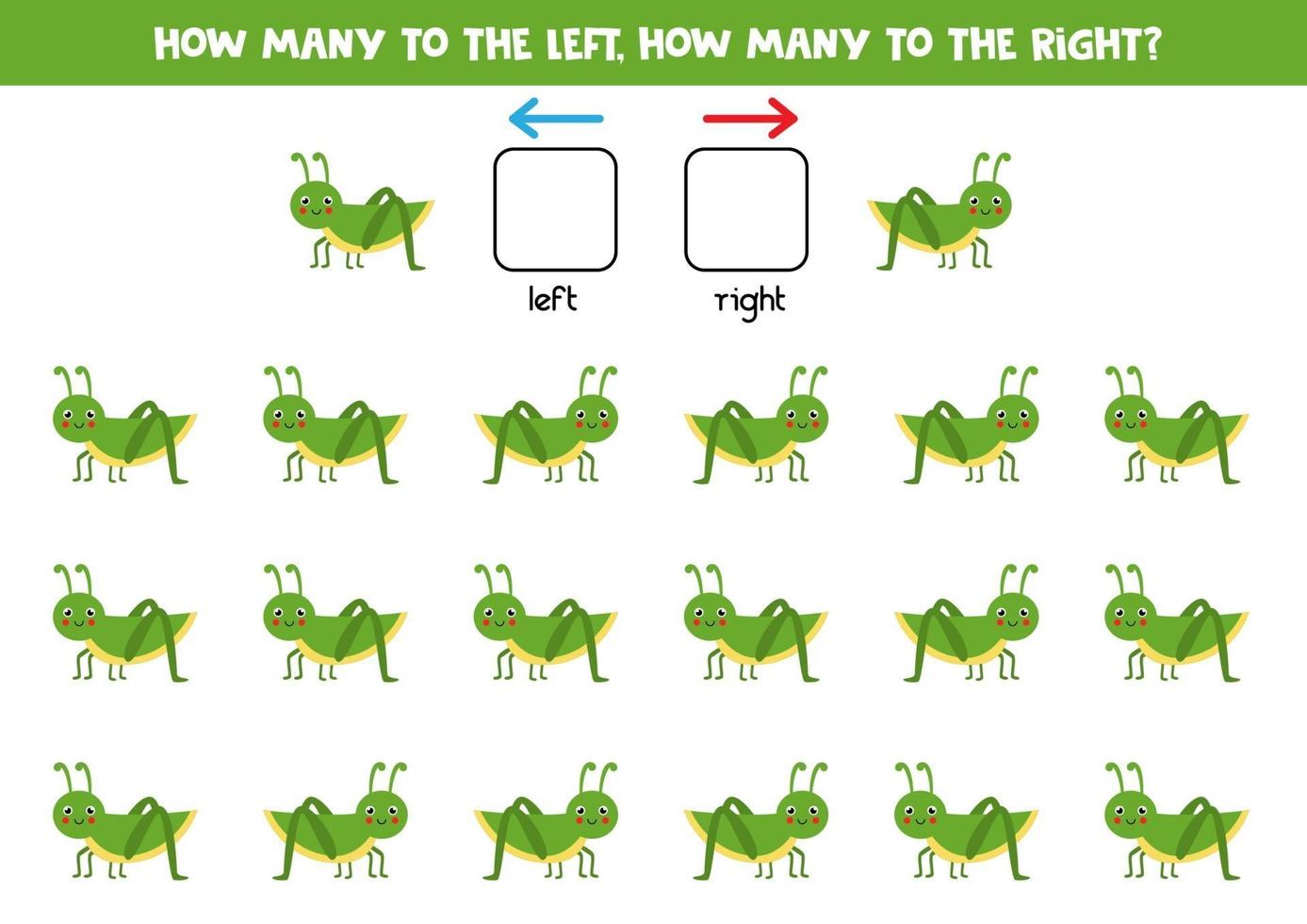 links oder rechts mit süßer grüner Heuschrecke. logisches Arbeitsblatt für Kinder im Vorschulalter. vektor